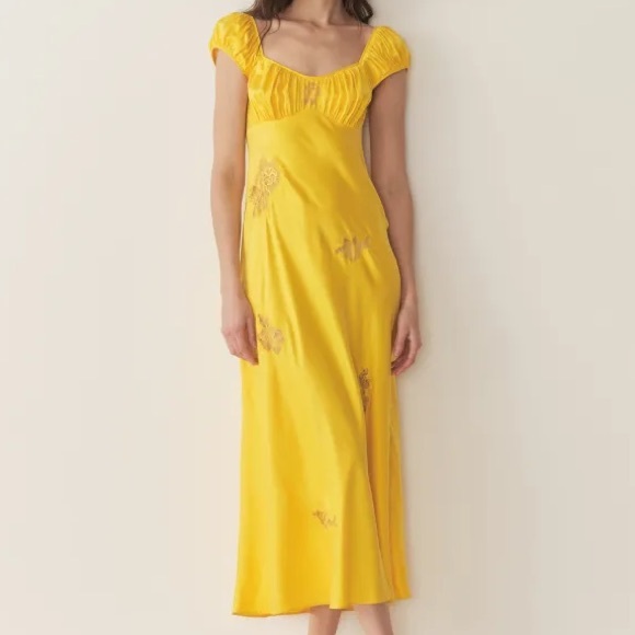 Doen Gwendolyn Silk Lace Short Sleeve Midi Maxi Dress Daylily Yellow Gold - Picture 6 of 15